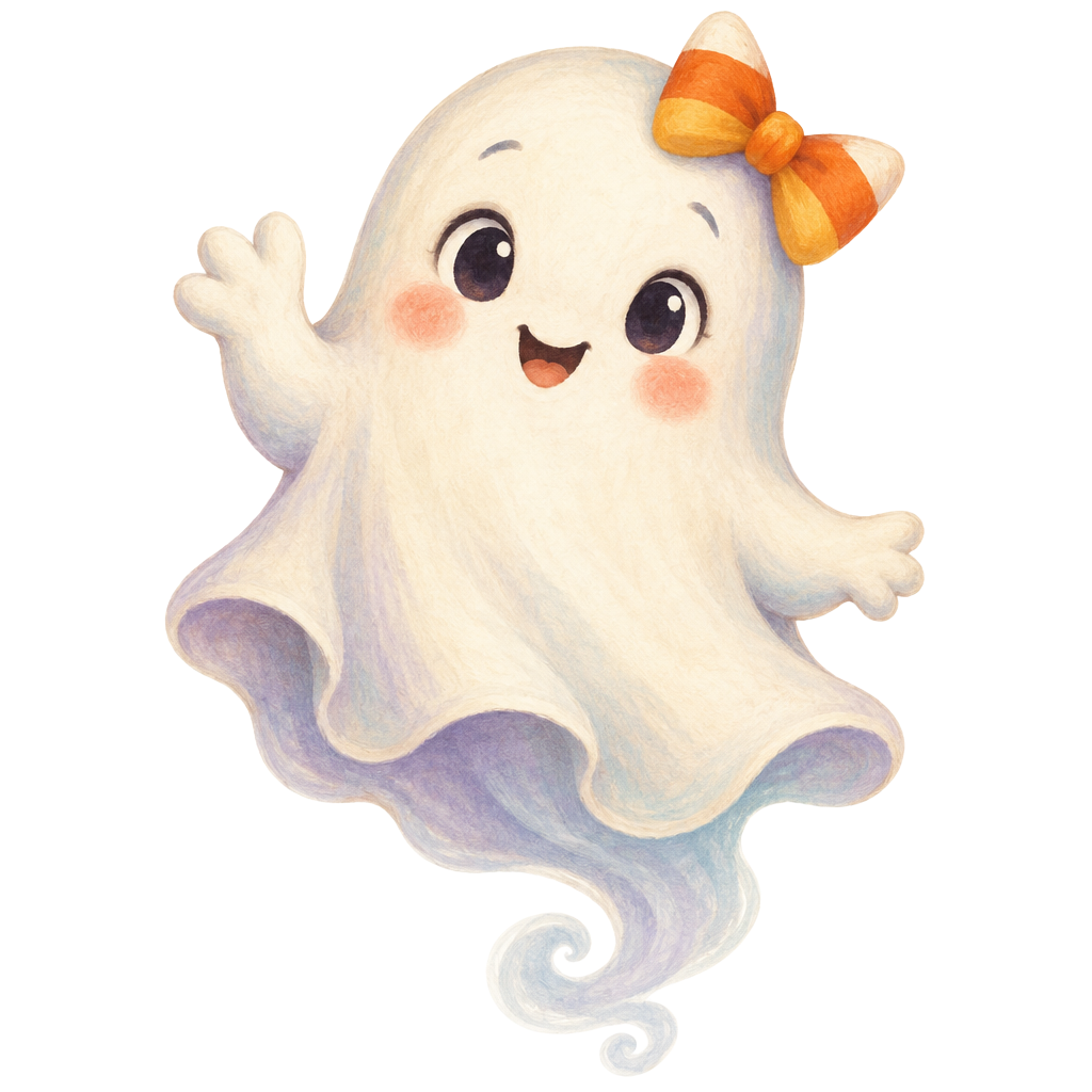 Boo, the friendly ghost with a candy-corn bow